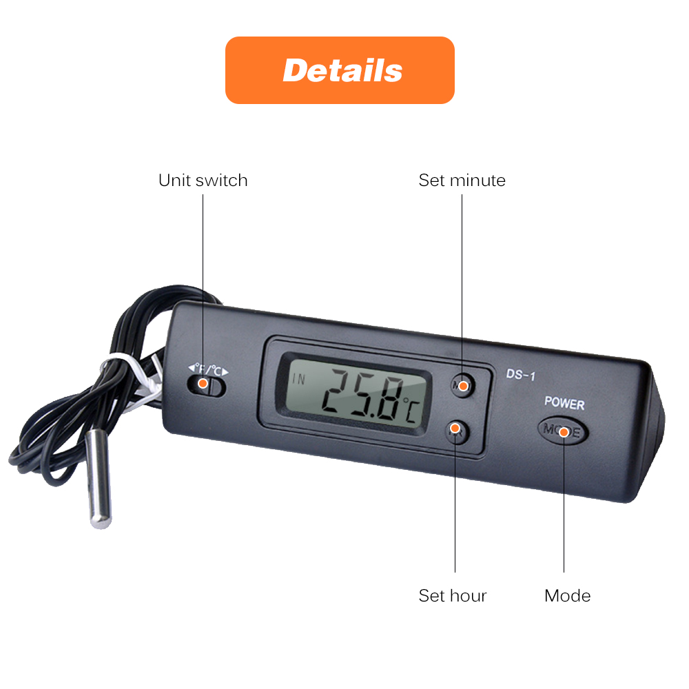Mini Thermometer Electronic Digital Car Thermometer Indoor Outdoor Multi-Function Thermometer Time Temperature Display with Prob. 