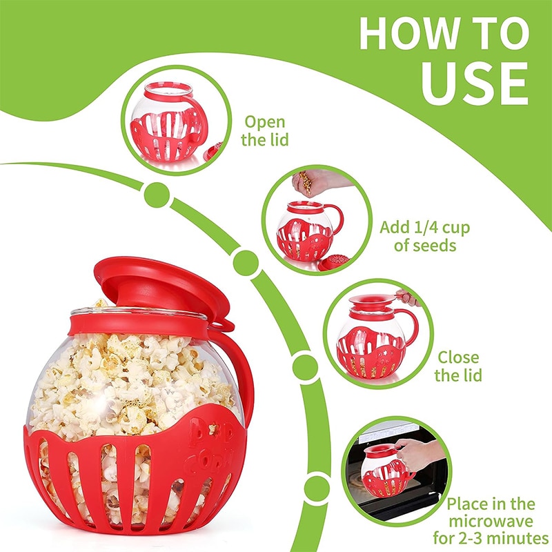 LMETJMA 2.25QT Microwave Glass Popcorn Popper with Silicone Lid Microwave Popcorn Popper with Temperature Safe Glass JT186. 