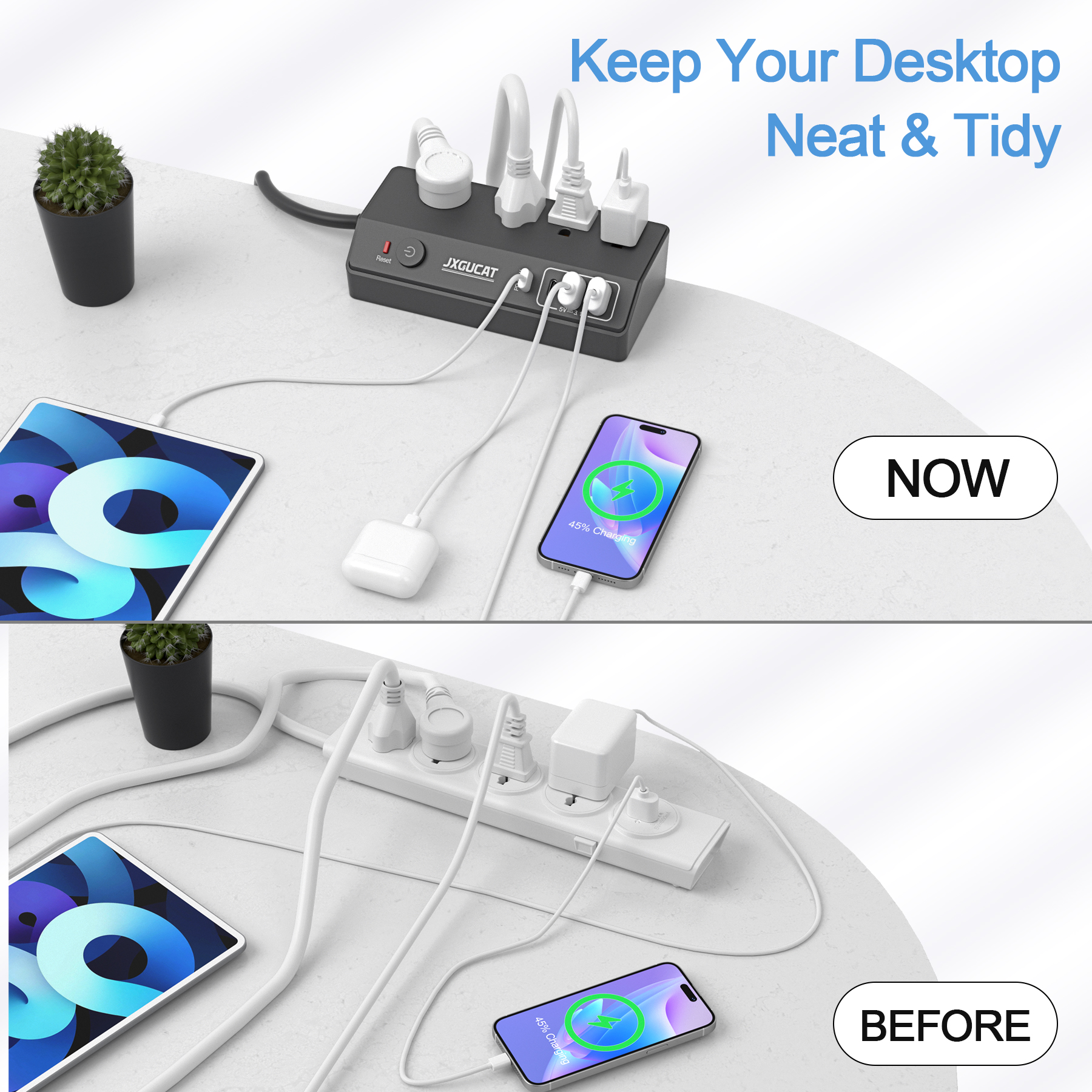 US Removable Fast Charging Desktop Edge Power Strip Surge Protector, 10 ft Extension Cord Flat PlugDesk Clamp Power Strip. 