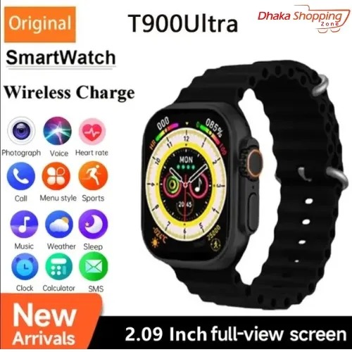 T900 Ultra Smart Watch with 2.09" HD Screen & Bluetooth Features | Pedometer-Heart Rate-Blood Pressure Meter | For both iPhone & Android Phone