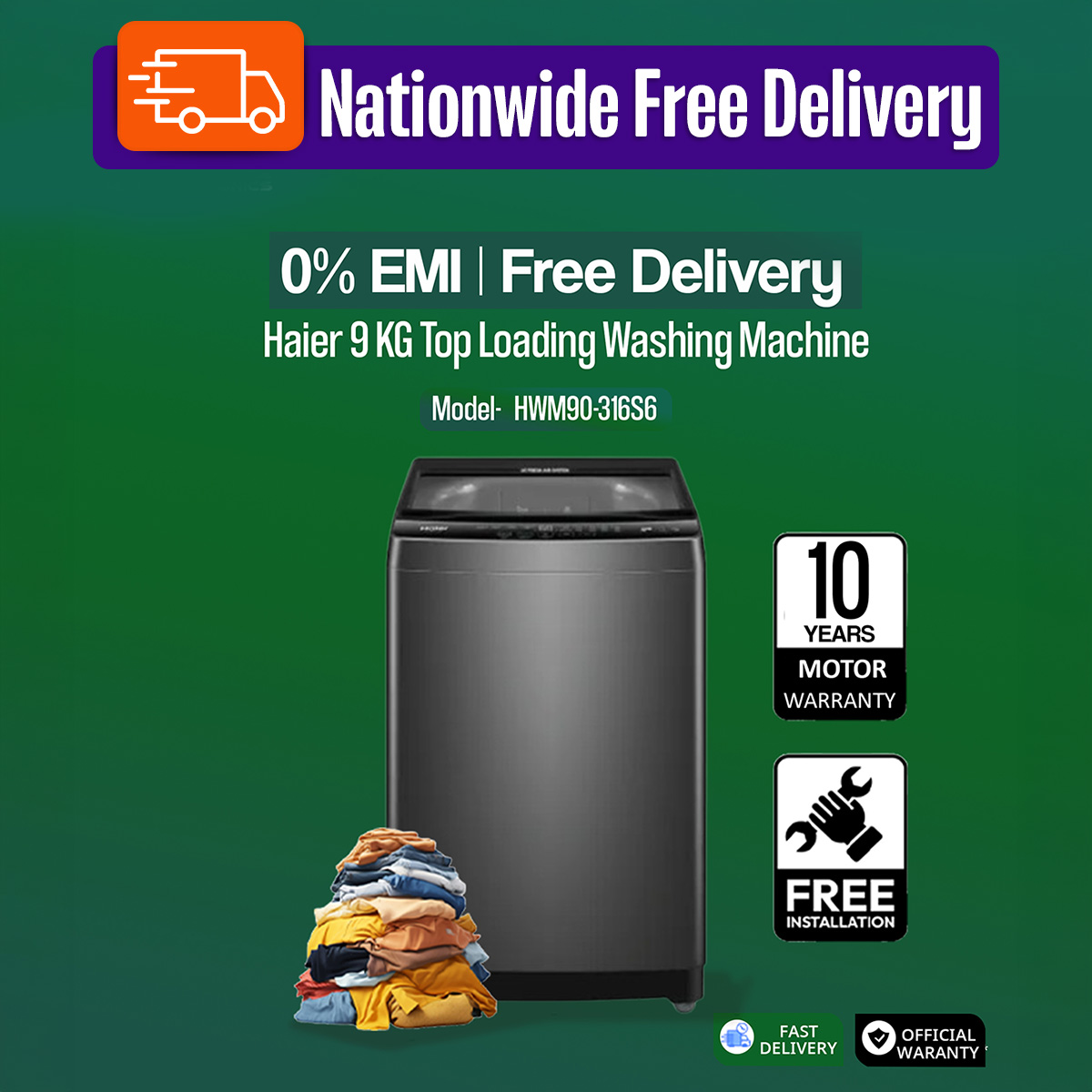 Haier 9 KG Top Loading Washing Machine/air dry/fresh air system/near zero water pressure/NZP (HWM90-316S6)