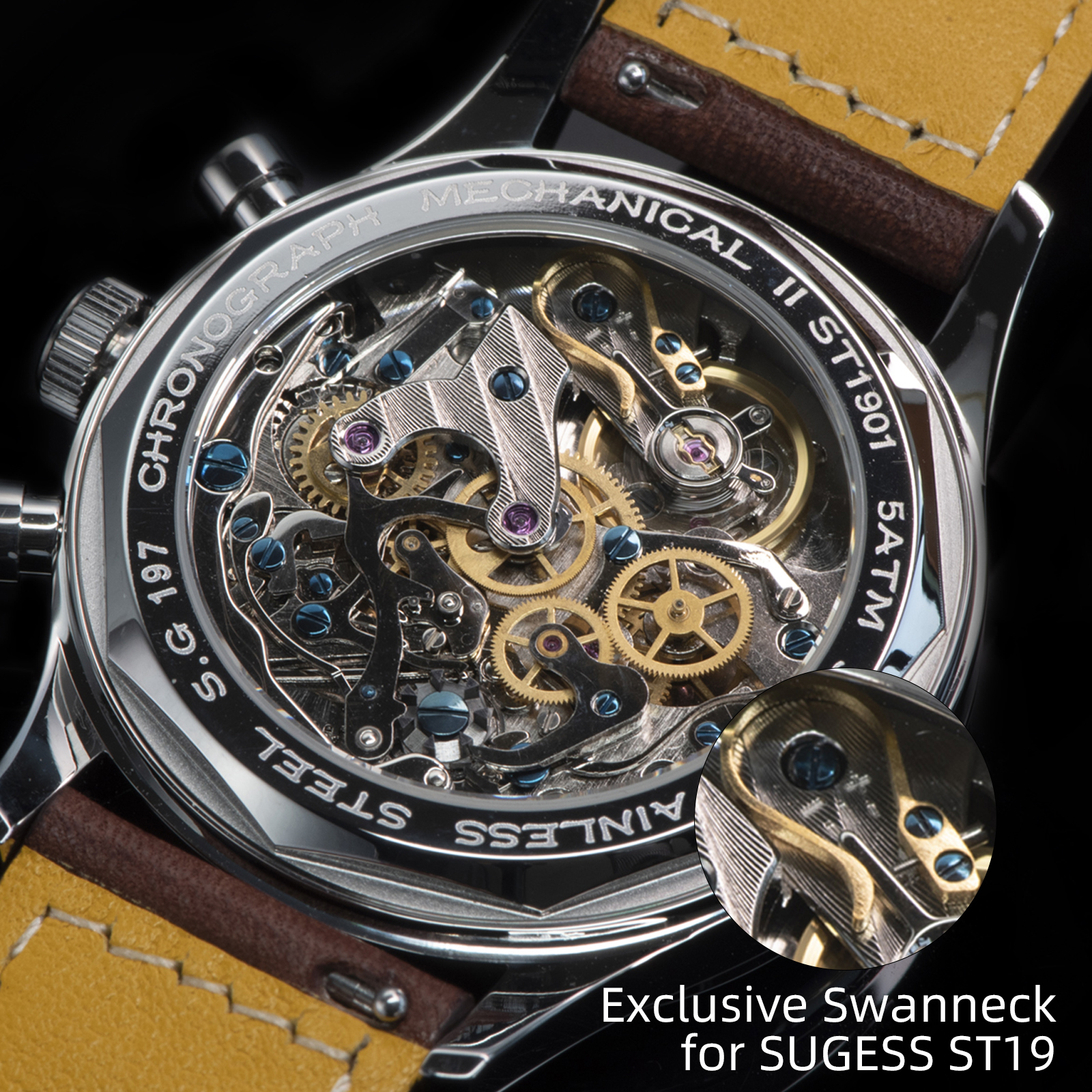 Sugess Watch of Men Chronograph Mechanical Wristwatches with Seagull ST19 Swanneck Movement Pilot Sapphire Crystal Racing V2 New. 