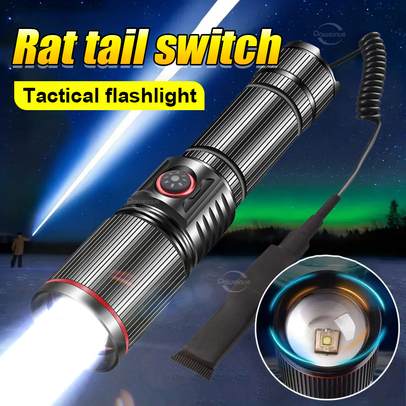 8000LM Military Tactical Flashlight Rechargeable LED Torch 3000M High Power LED Flashlight Powerful Lantern With Rat Tail Switch. 
