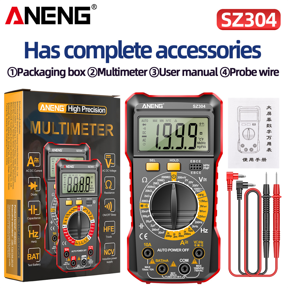 ANENG SZ304 Multifunction Digital Multimete True RMS Handheld High Precision Tester NCV AC/DC Votage Current Resistance Ohm Tool. 