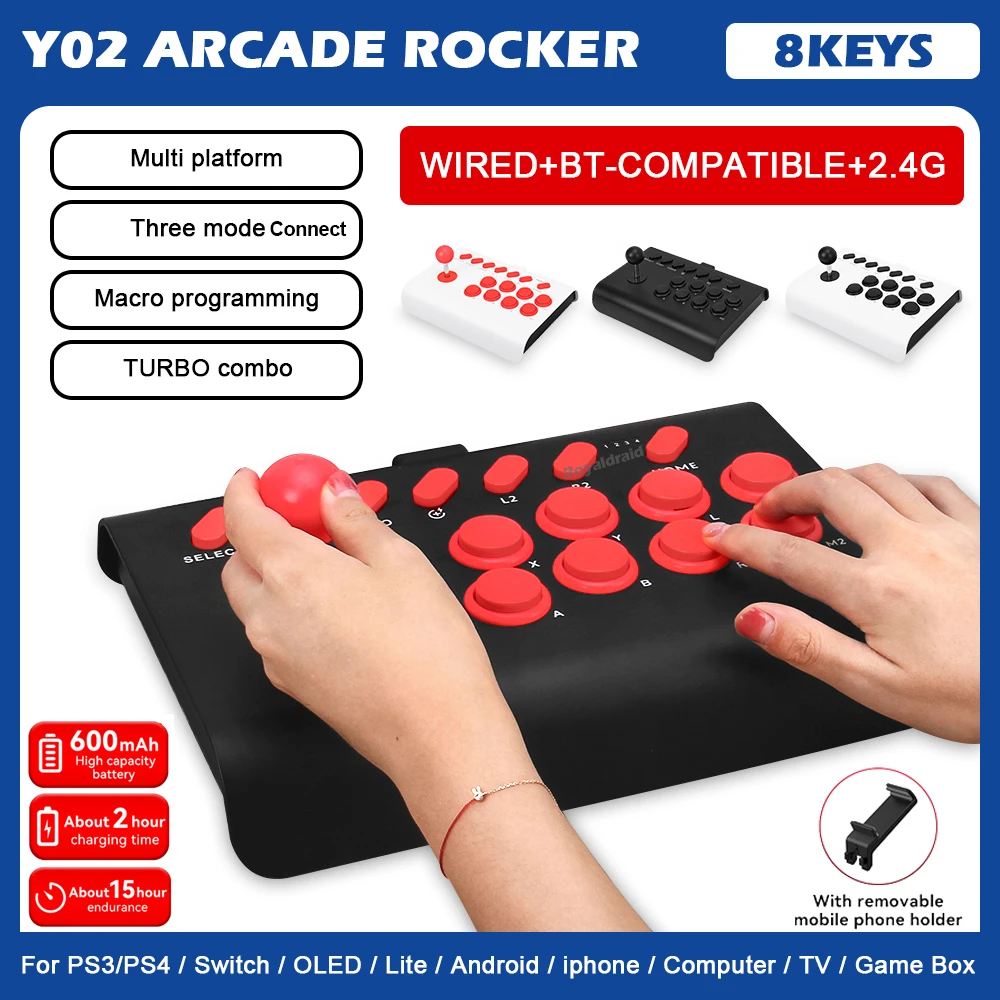 Y02 Arcade Joystick for PS4/PS3/Xbox One/Switch OLED/Android/iOS Wired Wireless Street Fighter Controller w Macro/Turbo Function. 