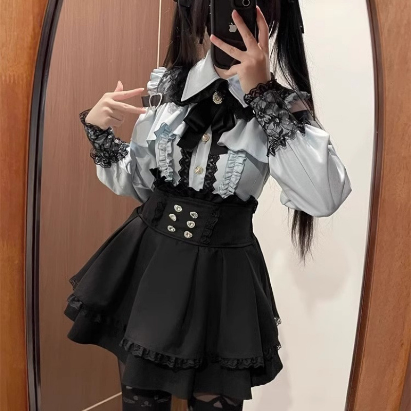 Women‘s Lolita Set Dark Femme Mesh Top & Waist Cinching Skirt, 2025 Autumn Japanese Street Style Coord for Gothic Baddie Fashion