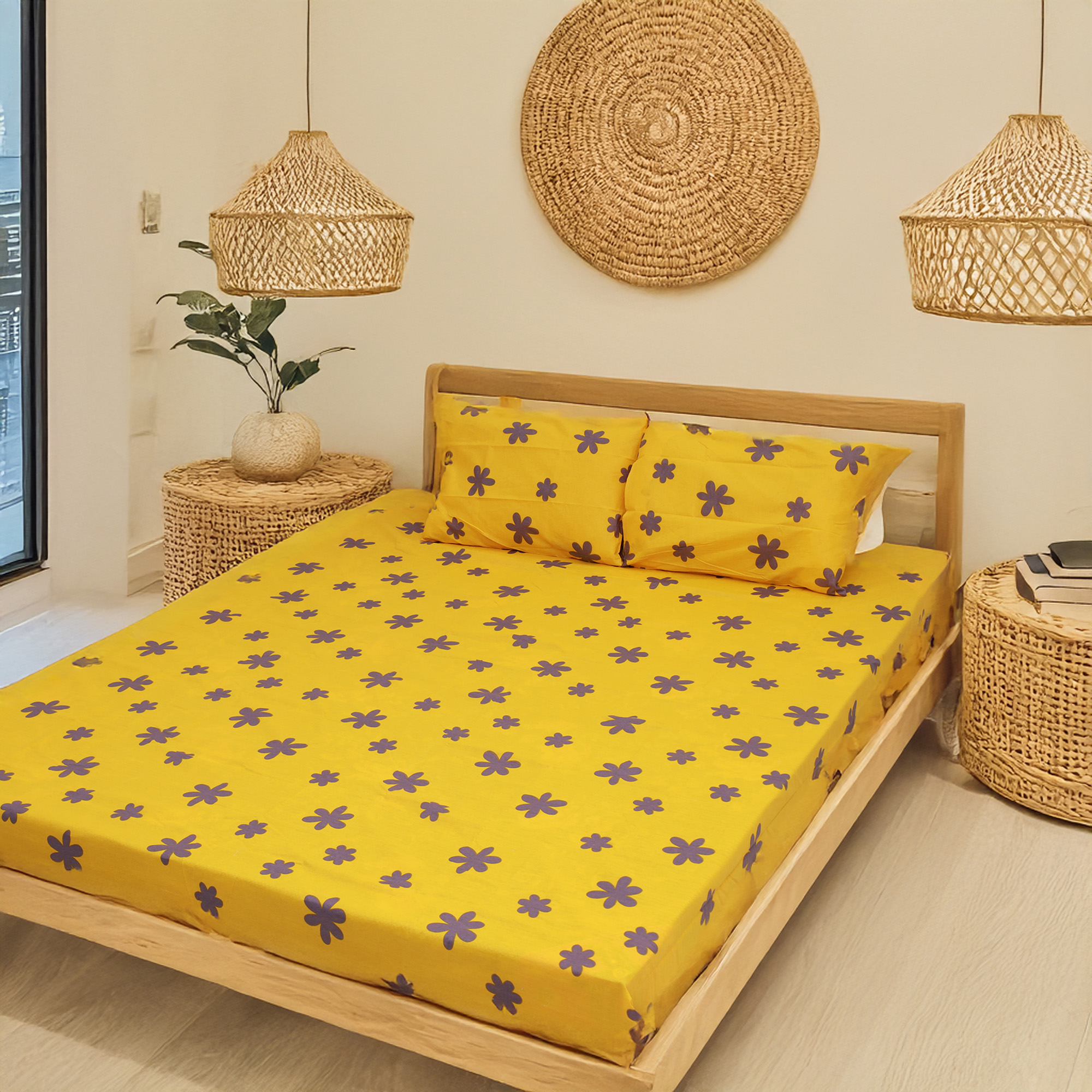 King Size Premium Bed Sheet 88" x 98" with 2 Pillow Covers | Yellow Bed Sheet with Grey Floral Print. 