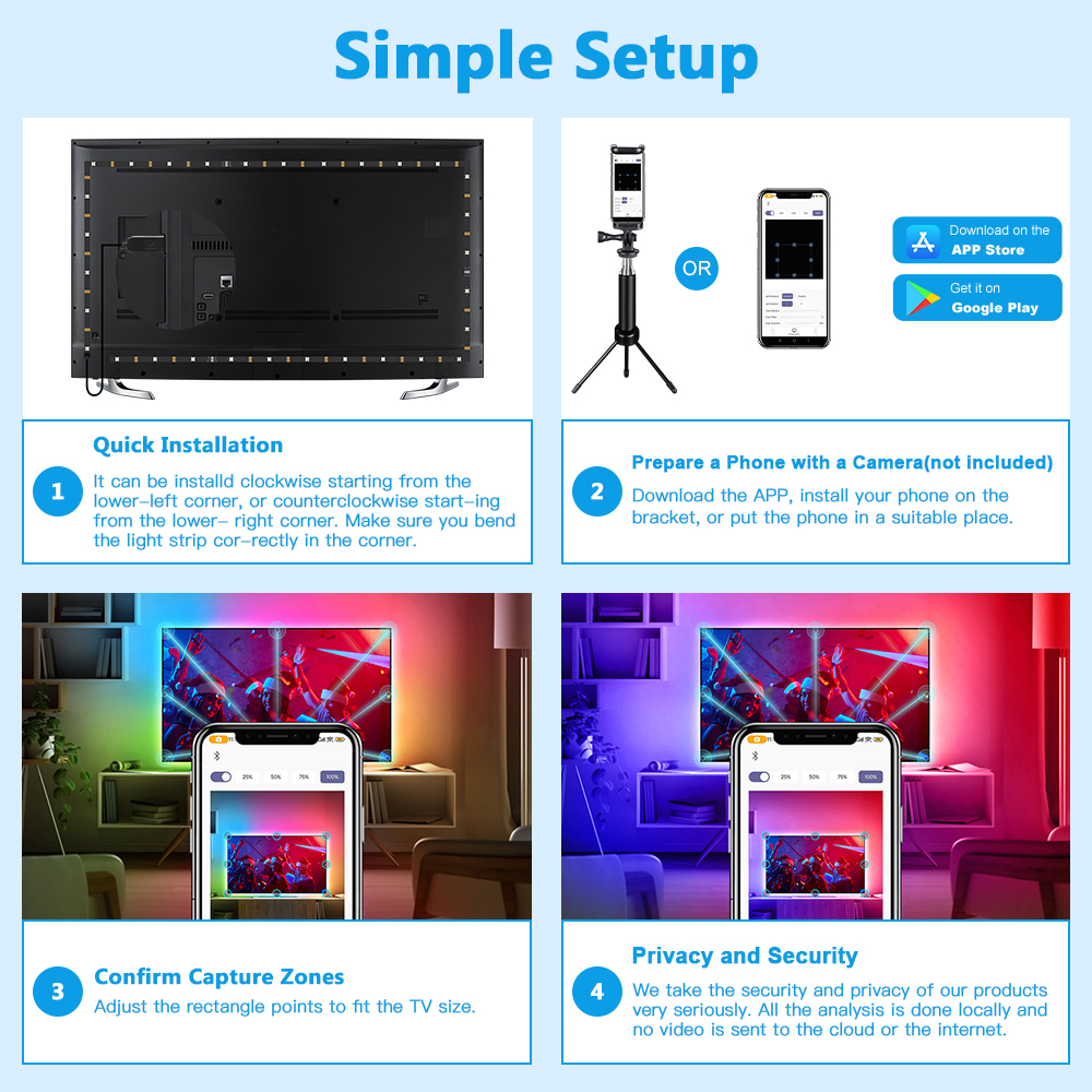 Smart Ambient Sync TV Backlight Sync Screen Color Led Strip Light USB, App Control ,Smart Phone Camera Screen Capute Technology. 