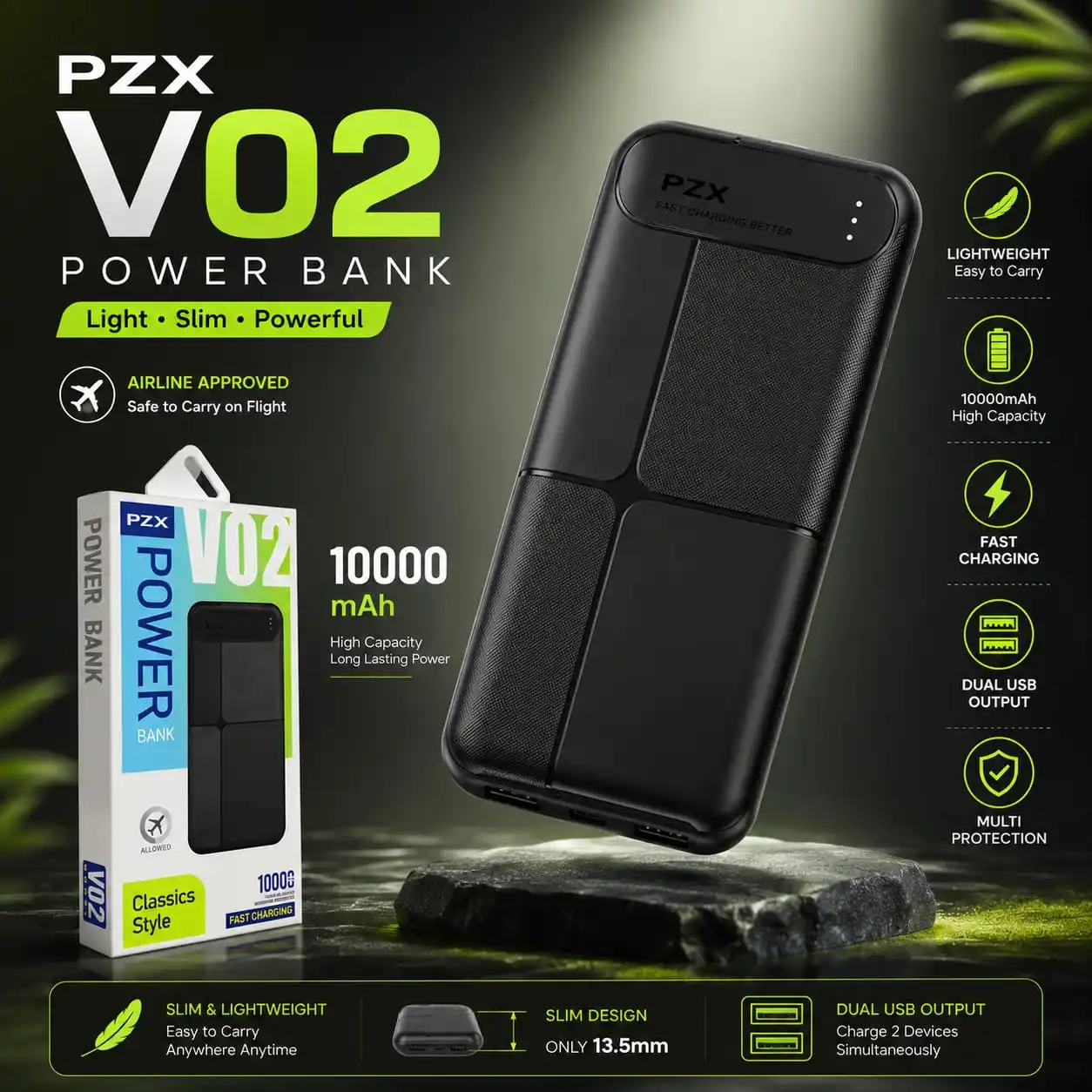 PZX V02 10000mAh Fast Charging Power Bank – Dual USB Portable Charger
