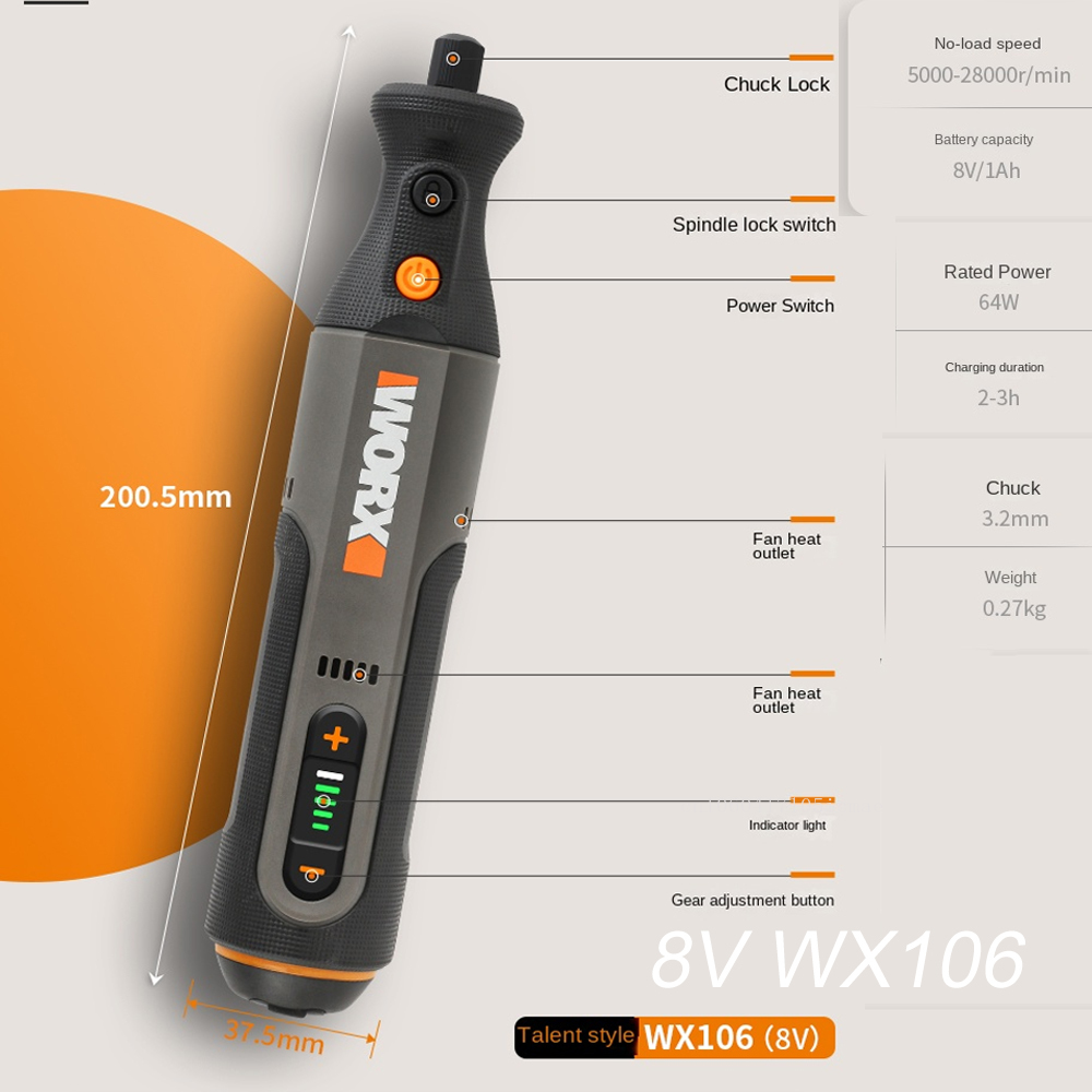 Worx WX106 8V Rotary Tool USB Charger Handle Cordless Mini Engraving Grinding Polishing Variable Speed Power Tool set + ACC. 