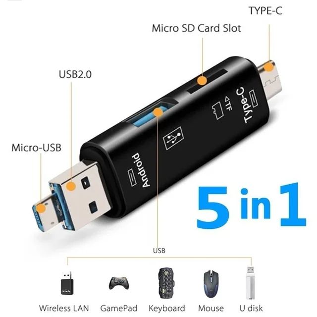 5 in 1 Multifunction Converter OTG Usb 2.0 Type C/Usb /Micro Usb/Tf/SD Memory Card Reader OTG Card Reader Adapter Mobile Phone Accessories. 