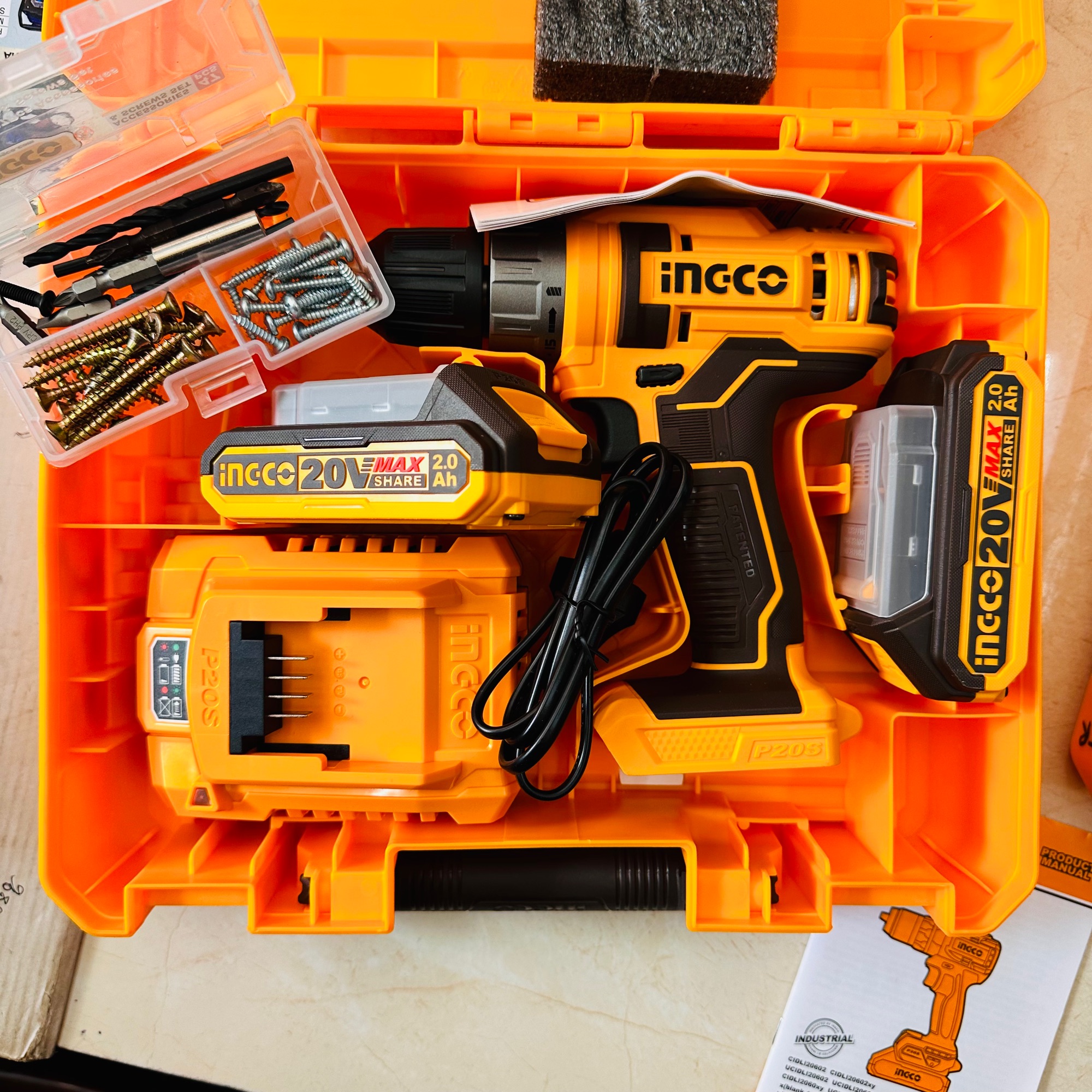 INGCO Cordless Drill Machine 20V Battery | Charger Drill Machine 20 Volts 2.0Ah Battery And 47pis Accessories Included ( Bit & Screw ). 