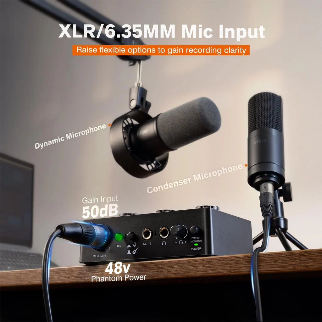 FIFINE SC1 Recording USB Interface with 48V Power/50dB Gain, XLR & Instrument In, Headphone. 