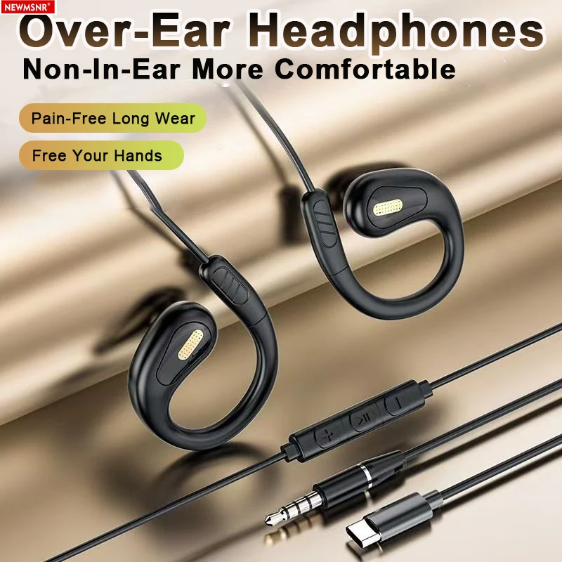 NEW Clip-on Type C&3.5mm Wired Control Headphone 9D Surround Sound Earbuds Sports Headsets ENC Earphones With HD Mic For