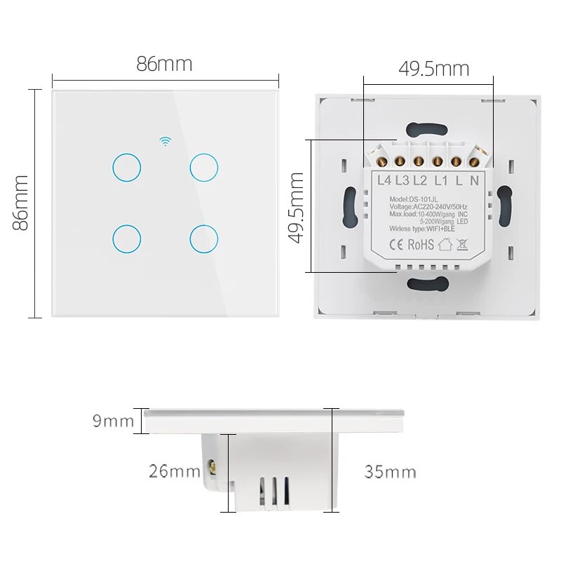 Smart Switch EU WiFi Smartlife Neutral Wire/No Neutral Wire Touch Light Switch 220V Works With Alexa Google Home 1/2/3/4 Gang. 