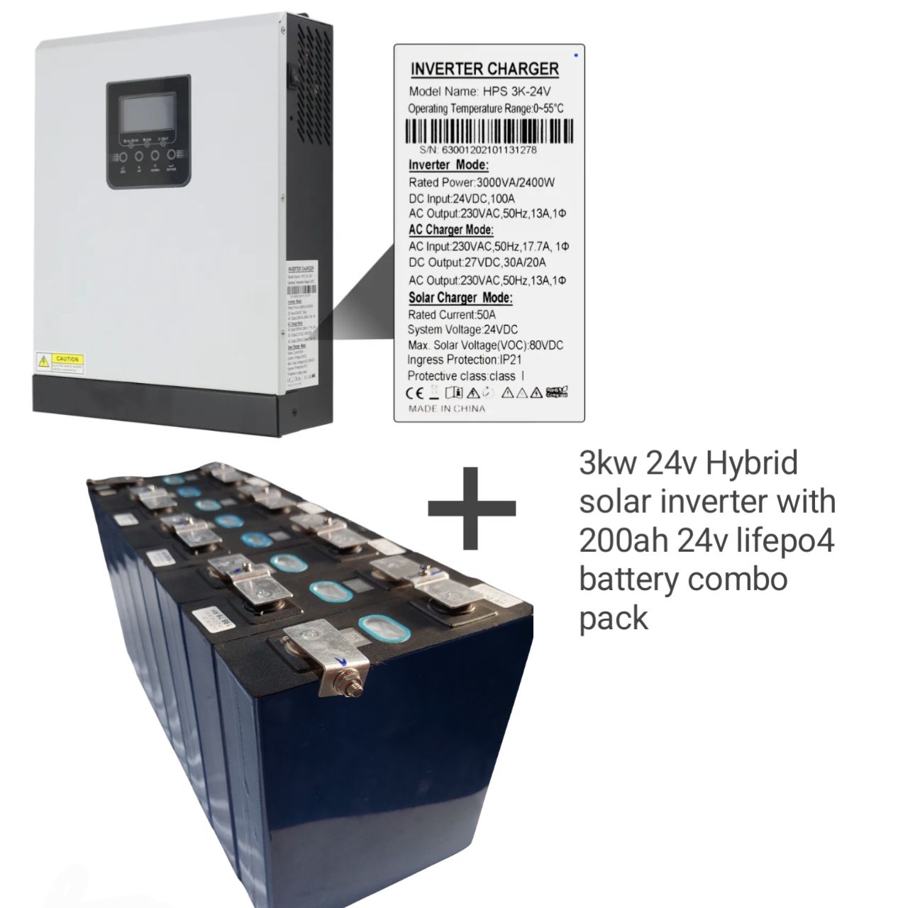 3kw hybrid solar inverter with Lithium phosphate battery combo setup