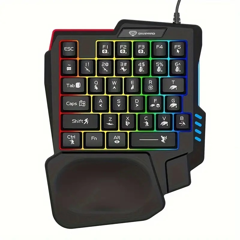 One-Hand RGB Gaming Keyboard & Backlit Mouse – Mechanical Feel, Wrist Rest. 