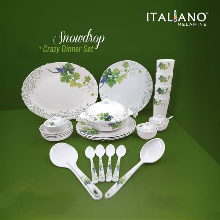 Italiano Melamine Snodrop 52 Piece Crazie Dinner Set - Different Colors - Elevate Your Dining Experience - Easy To Use and Clean. 
