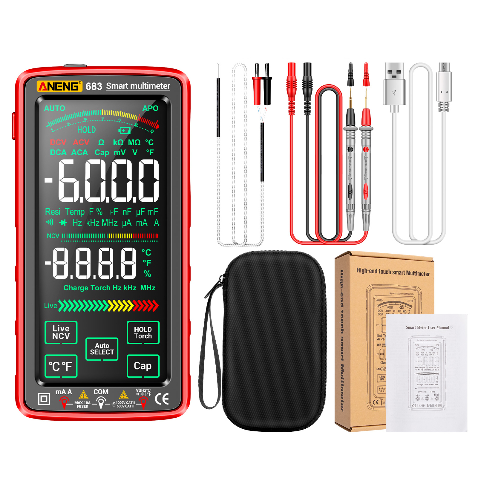 ANENG 683 6000 Counts Large Touch Screen Digital Multimeter Smart Anti-burn Rechargeable Universal Meter Reverse Display Tester