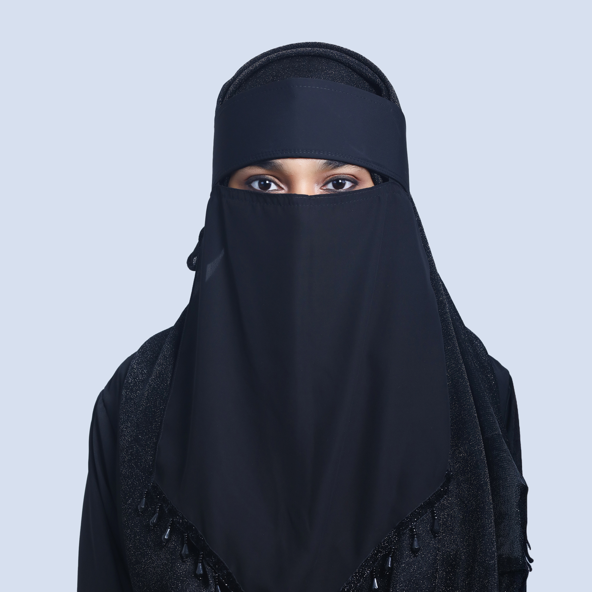 Stylish Single Layer Niqab with Sequins & Beads | Triangle Shaped | Trendy, Comfortable, Easy-to-Wear Design for Women. 