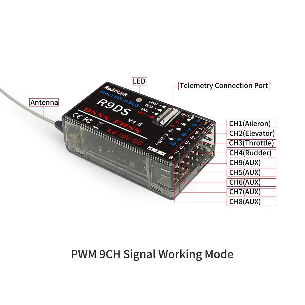Original Radiolink R12DSM R12DS R9DS R6DSM R6DS RC Receiver 2.4GHZ Work with Transmitter AT9/AT9S/AT9S Pro/AT10/AT10 II Airplane. 