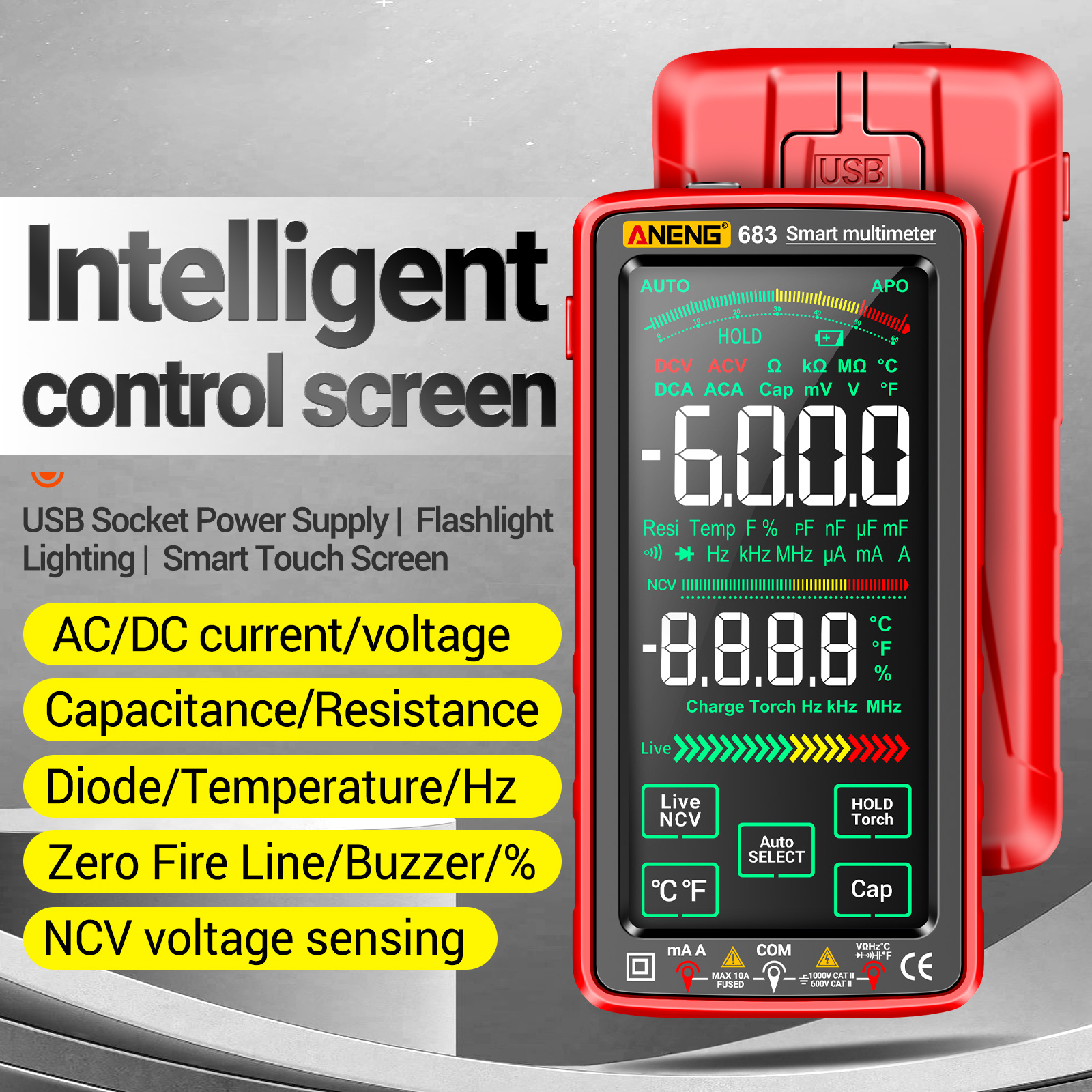 ANENG 683 6000 Counts Large Touch Screen Digital Multimeter Smart Anti-burn Rechargeable Universal Meter Reverse Display Tester. 