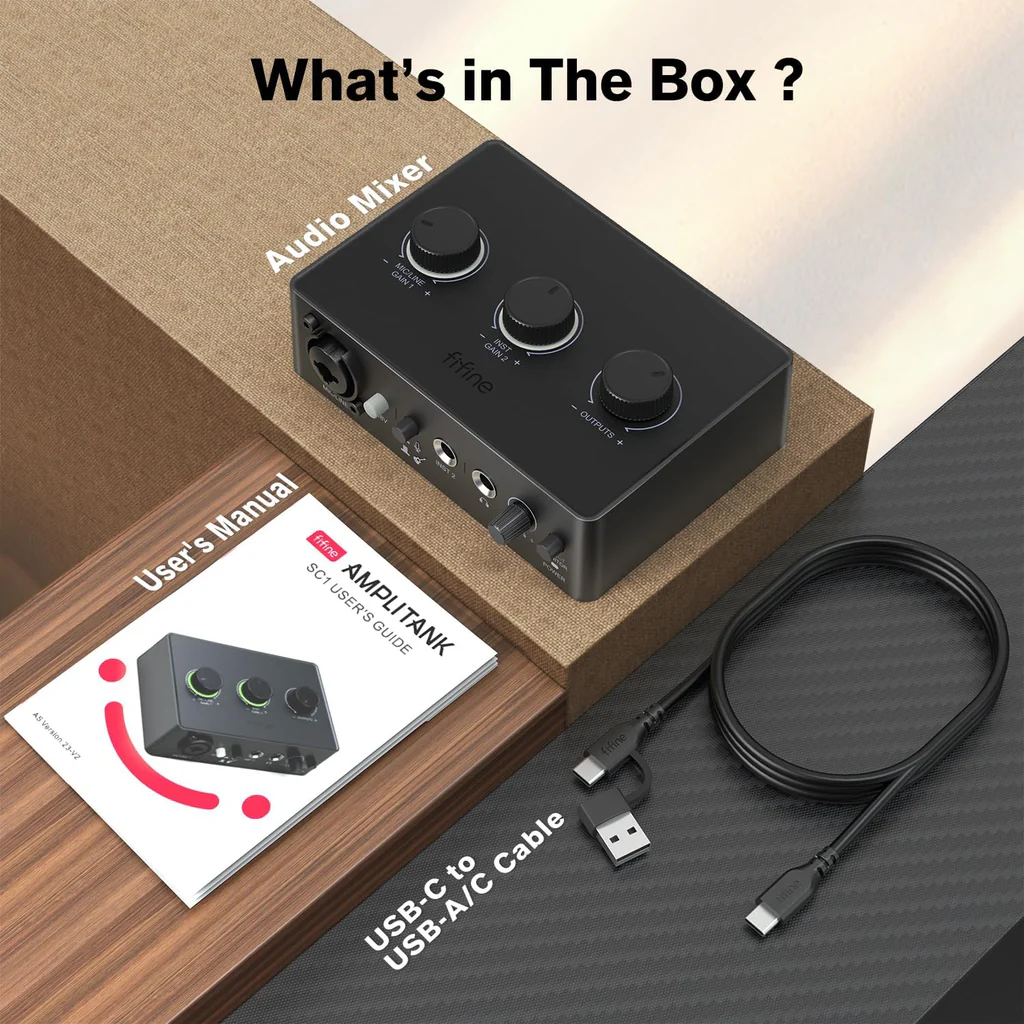 FIFINE SC1 Recording USB Interface with 48V Power/50dB Gain, XLR & Instrument In, Headphone. 