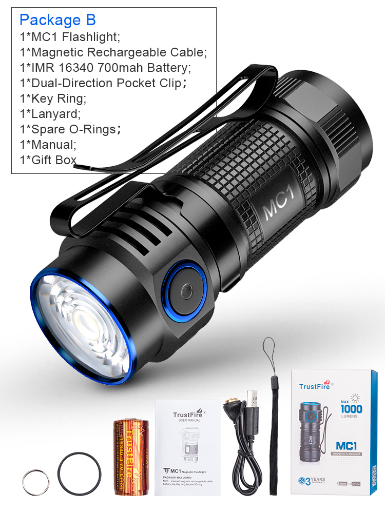 Trustfire MC1 Usb Rechargeable Flashlight 1000Lumen EDC LED Lamp Magnetic 2A Fast Charging Work Torch Light with Magnet Lantern. 