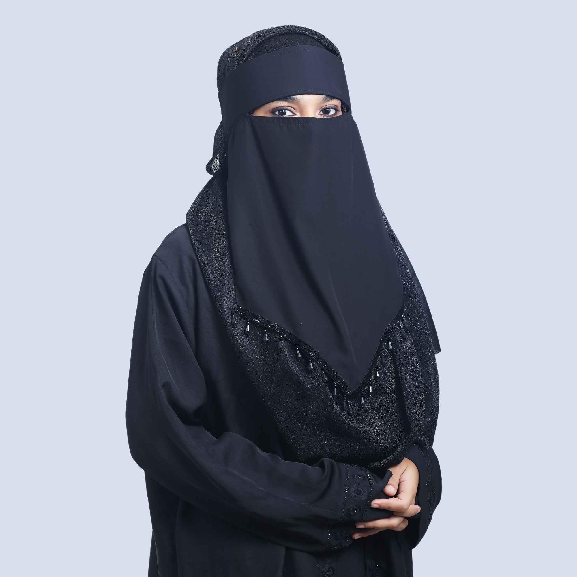 Stylish Single Layer Niqab with Sequins & Beads | Triangle Shaped | Trendy, Comfortable, Easy-to-Wear Design for Women. 