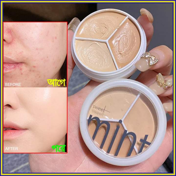 Sweet Mint Concealer, Tri-color Concealer Palette of Covers Acne Marks Dark Circles, 3 in 1 Face Foundation Cream, Tri-color Concealer with Brush, 3 in 1 Face Foundation Cream Waterproof