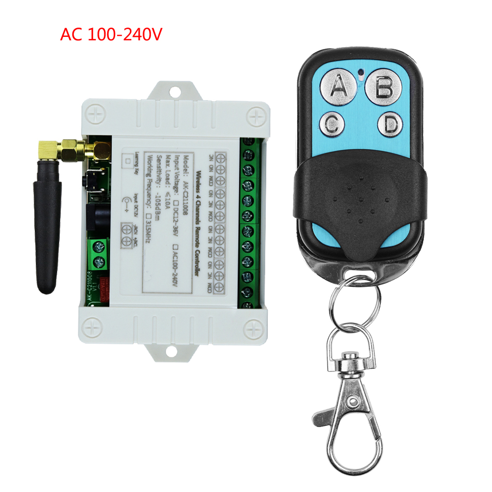 Smart Multiple AC 110V 220V 10A 433MHz 4 Channel Wireless Relay RF Remote Control Switch Receiver + 4CH Metal Transmitter. 
