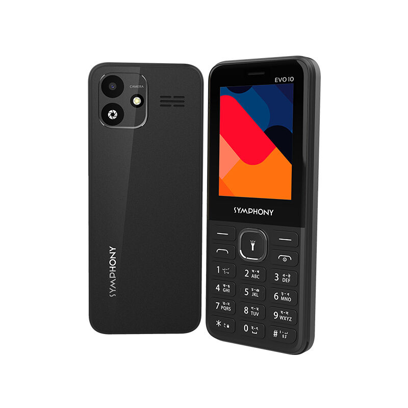 Symphony EVO 10  4G, VoLTE Enabled  Facebook, YouTube, Opera Mini, Tiktok  2000 Phonebook Contacts  128MB ROM + 48MB RAM  2.4” Display, 2.5D Lens  Digital Camera with Flash  1500mAh Battery  Slim Design. 