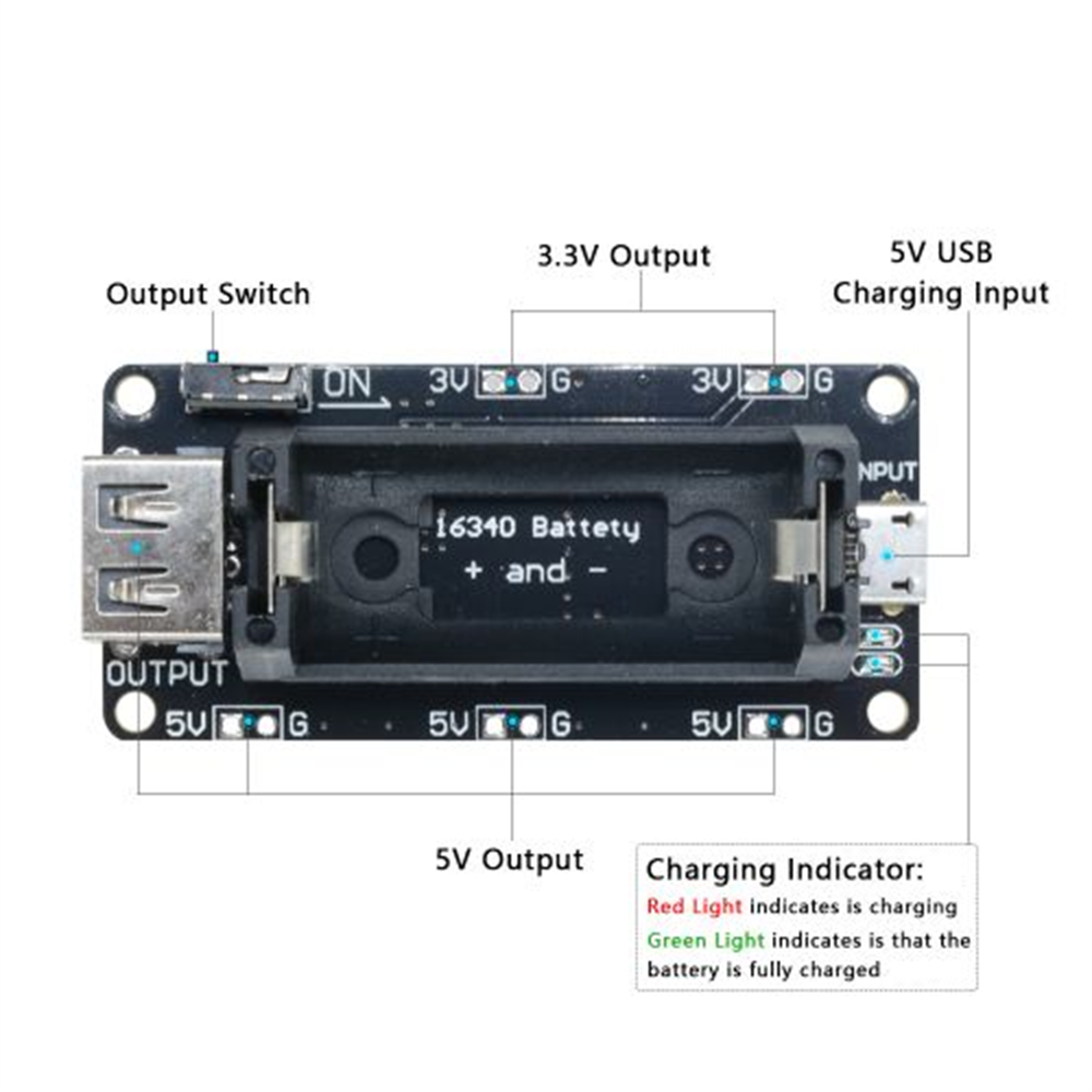 16340 Micro USB Power Bank Battery Charger Module Dual Output 3.3V 5V Rechargeable Battery Holder Lithium Battery Charging Board. 