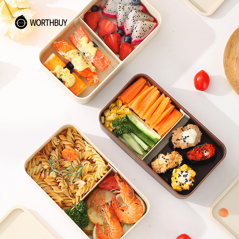 WORTHBUY Portable Lunch Box Microwave Safe Plastic Bento Box With Compartments & Sauce Box Stackable Salad Fruit Food Container. 