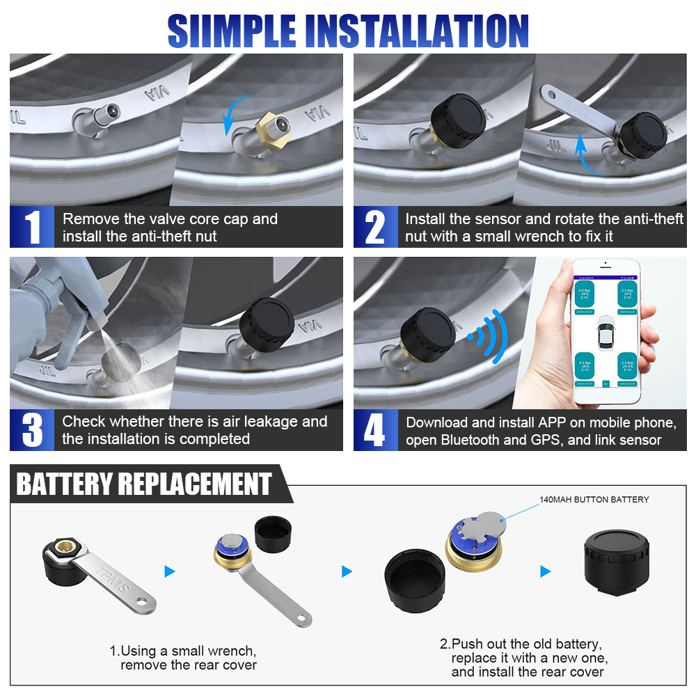 Bluetooth 5.0 External TPMS Mobile Phone APP Display Car Tire Pressure Sensors Android/IOS Tire Pressure Monitoring System. 