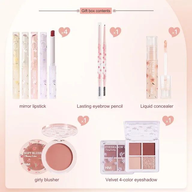 Flower Beauty Makeup Set Gift Box Hivi Velvet Lip Glaze Lipstick Eyeshadow Holiday Gift For Girlfriend & Wife 8pcs Make-up Set. 