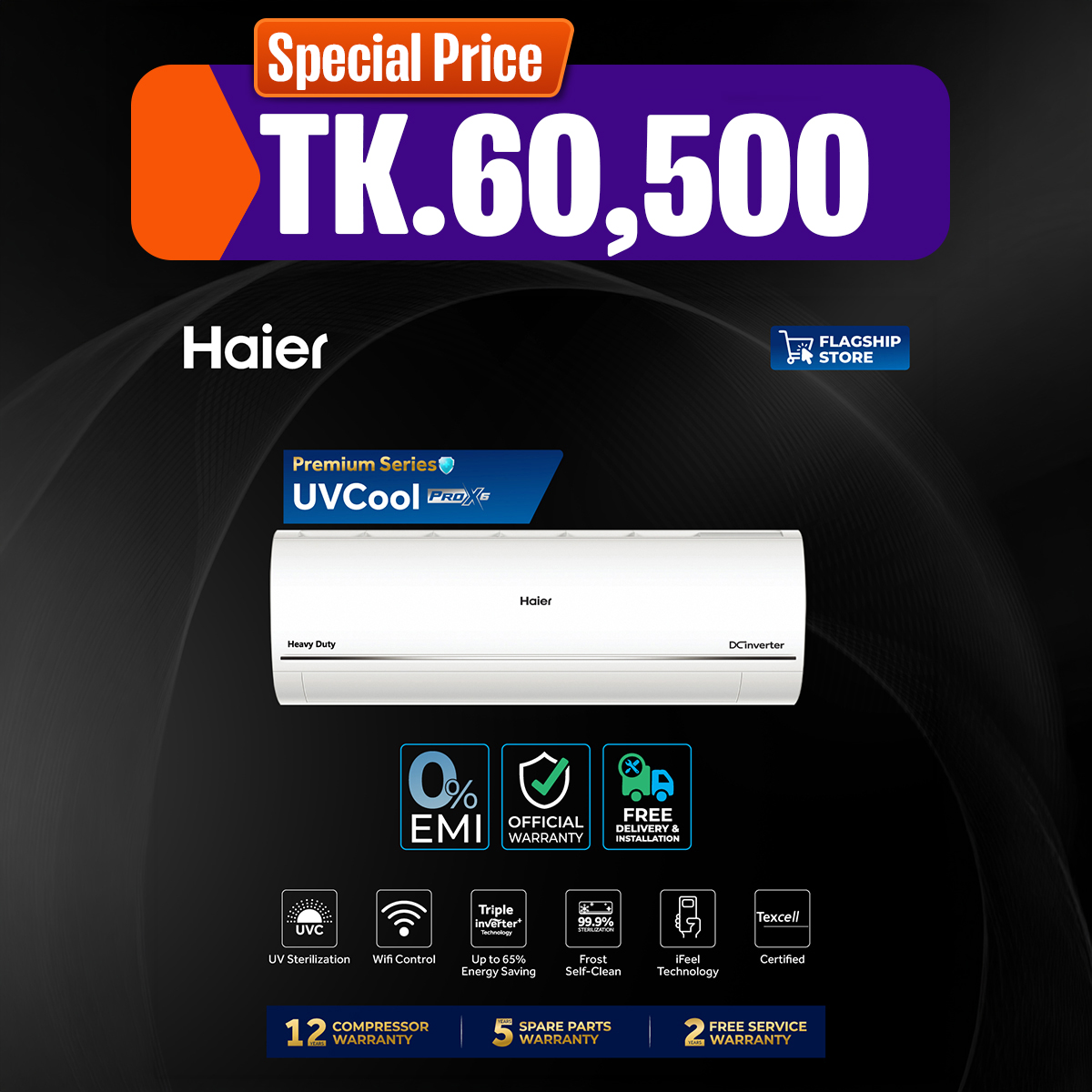 Haier 1.6 Ton Virus Killer UVCool Inverter AC with Free Delivery and Free Installation HSU-19UVCool(INV)(Pro)