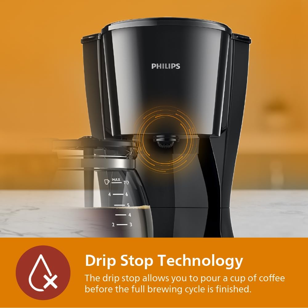 Philips coffee maker HD7432/20 with glass jug makes 2-7 cups in 10 min brewing time, compact design that takes little space in your kitchen, water level indicator. 