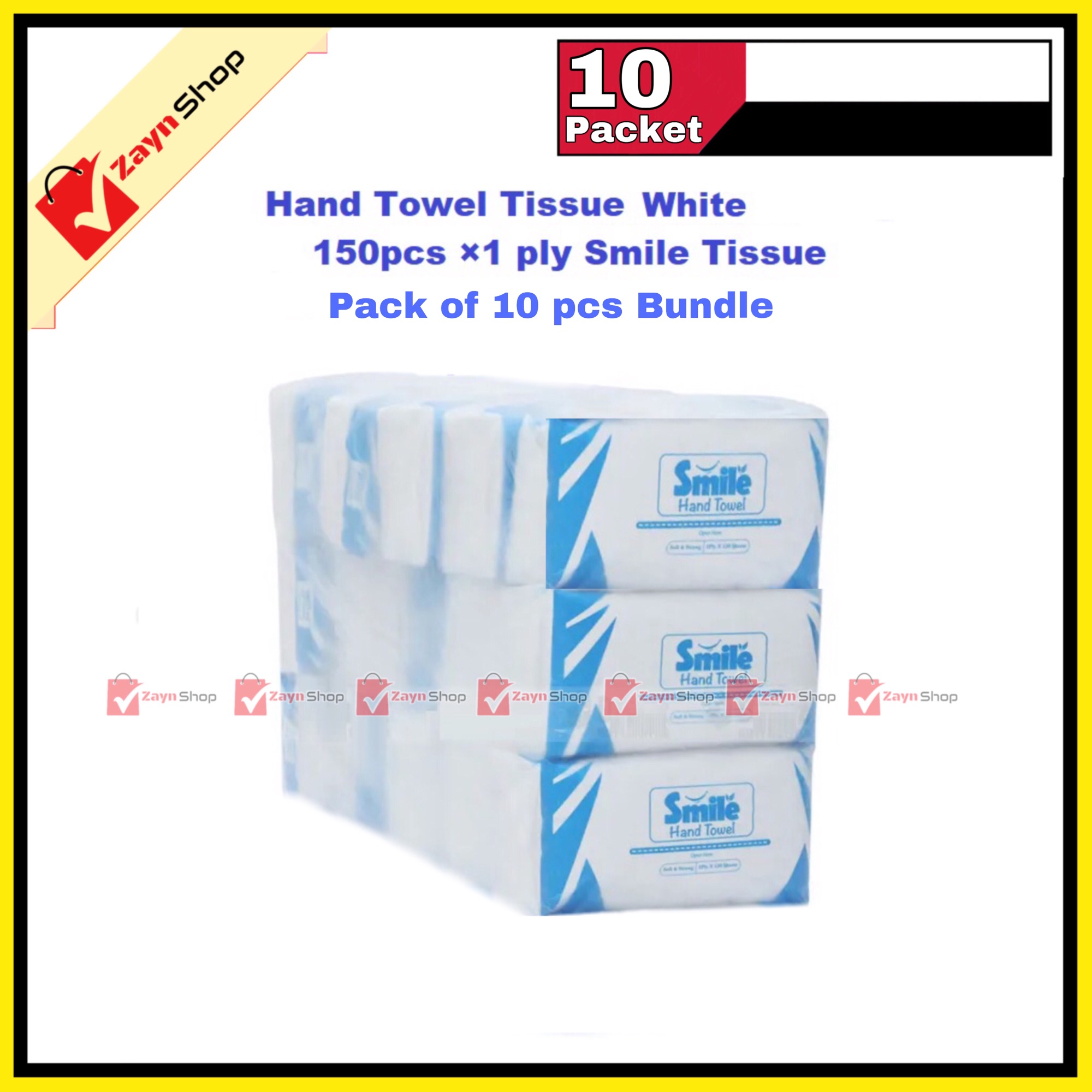 Smile Hand Towel Tissue  White 150 pcs ×1 ply Tissue pack of 10 packet