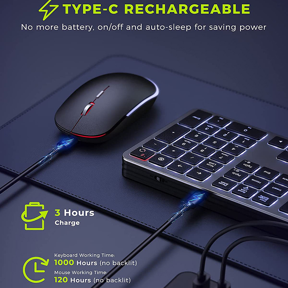 Jomaa Full-Size Backlight Wireless Keyboard and Mouse Combo for Laptop PC USB Silent Click Keyboard Mouse Set Rechargeable Spain. 