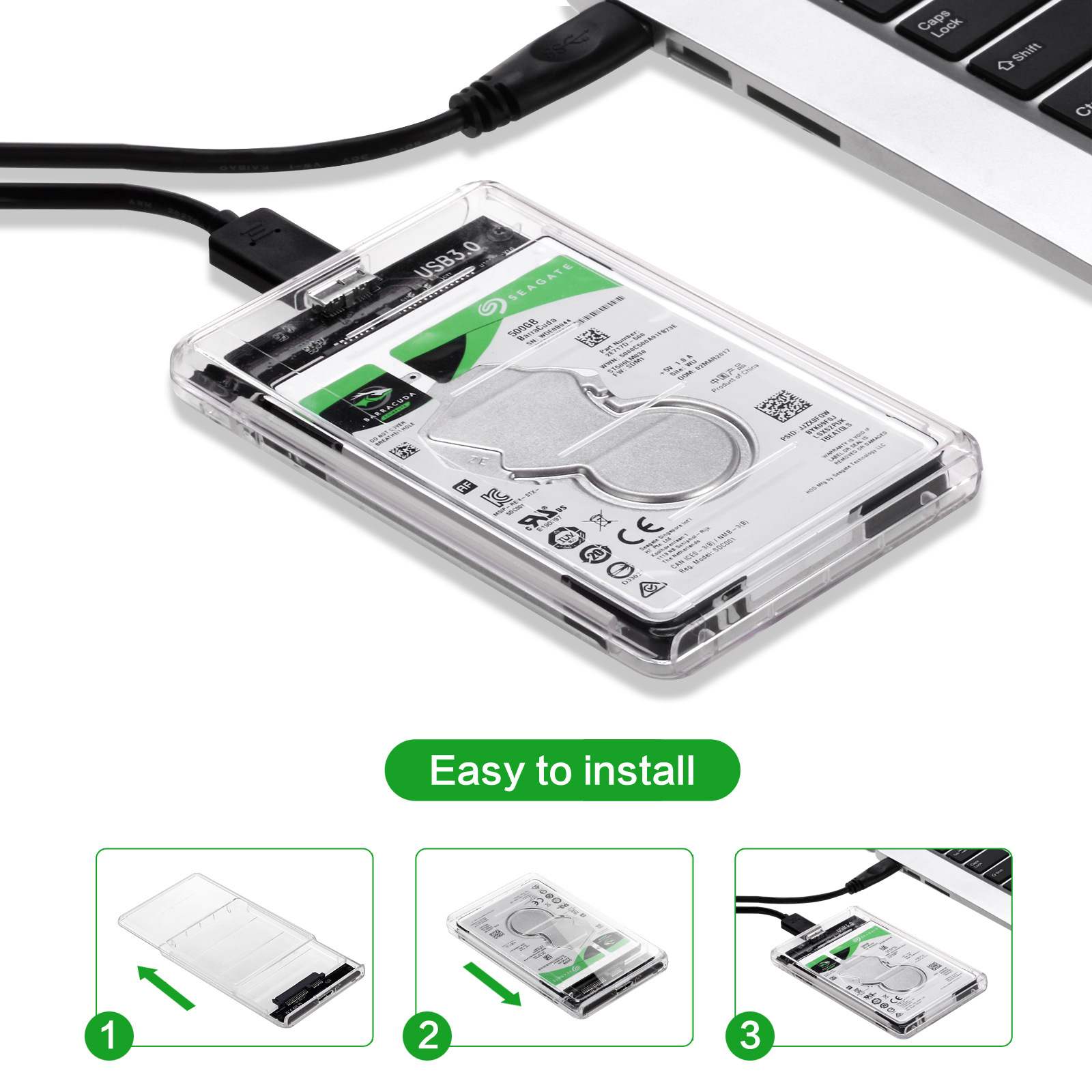 USB 3.0/Type C External Hard Drive Enclosure for 2.5 Inch SATA HDD and SSD Transparent Hard Disk Case Tool-Free Support UASP. 
