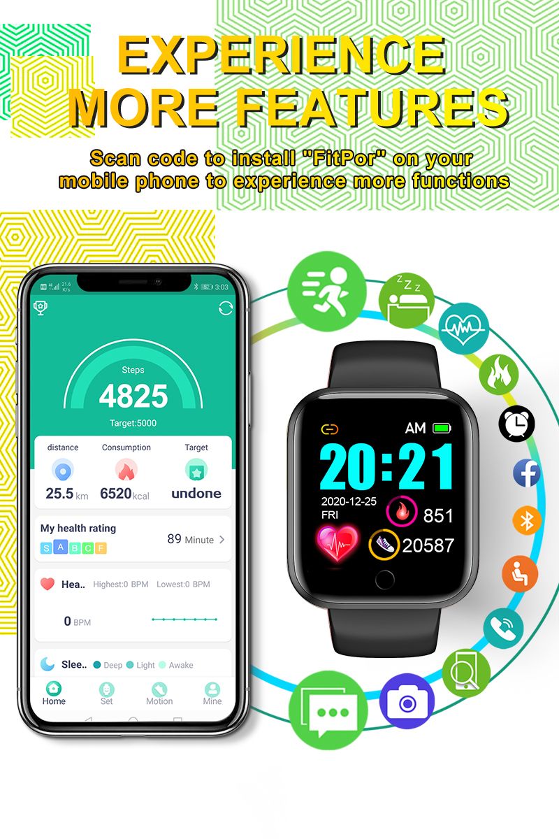 D20/Y68/116 plus Smart Wristband Multi Function Movement Step Bluetooth Connected Smart Watch For Men And Women Suitable For And Android 4.1. 