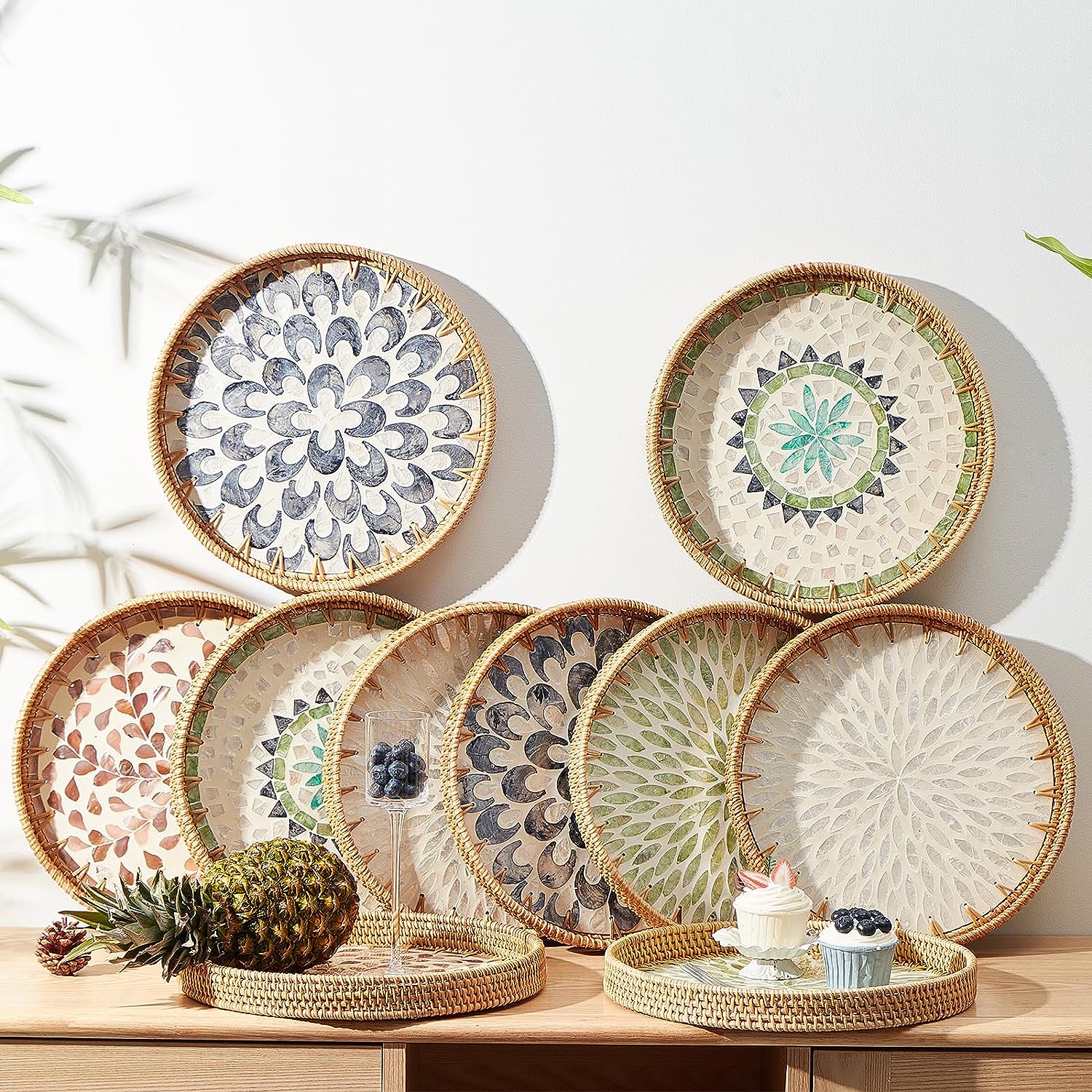 Round Rattan Tray with Mother of Pearl Inlay Rattan Serving Tray Wooden Base Storage and Display of Coffee Bread Food Fruit. 
