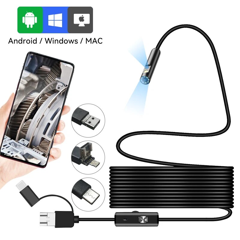 3in1 Android Endoscope Camera 5.5/7/8mm Single/Dual Lens Hard Cable Waterproof USB/Micro USB/Type-C Inspection Camera Borescope