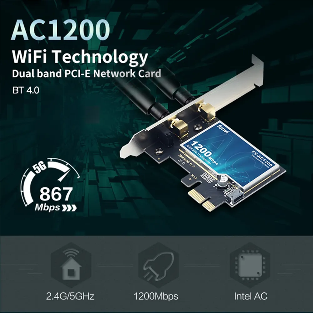 FENVI 1200Mbps Wireless WiFi Card PCIE Adapter FV-AC1200 Dual Band 2.4Ghz/5Ghz 802.11AC For Bluetooth4.0 WiFi Adapter Win7/10/11. 