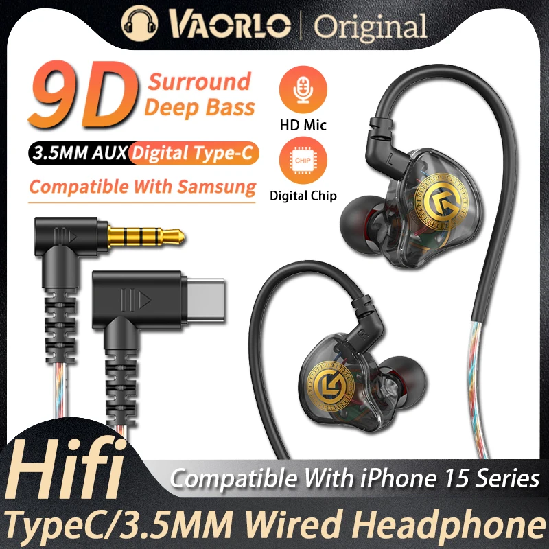New 9D Super Bass In Ear Headphone Wire-Controlled With Mic 3.5MM AUX/Type-C Digital Chip Headset For iPhone 15 Android