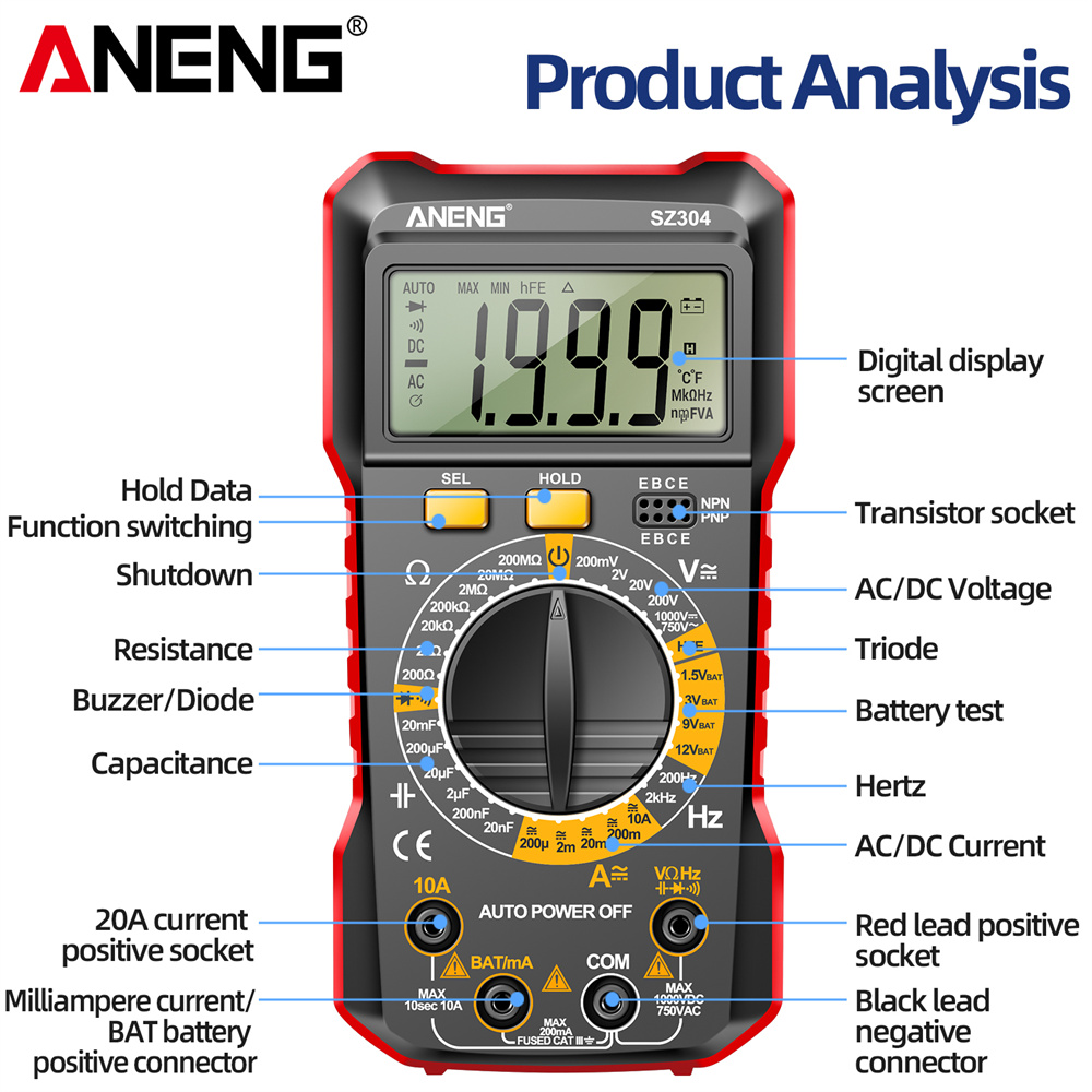ANENG SZ304 Digital Multimeter AC/DC Voltmeter Ammeter Non-contact Voltage Detector Electric Current Tester Hz Diode Capacitor. 