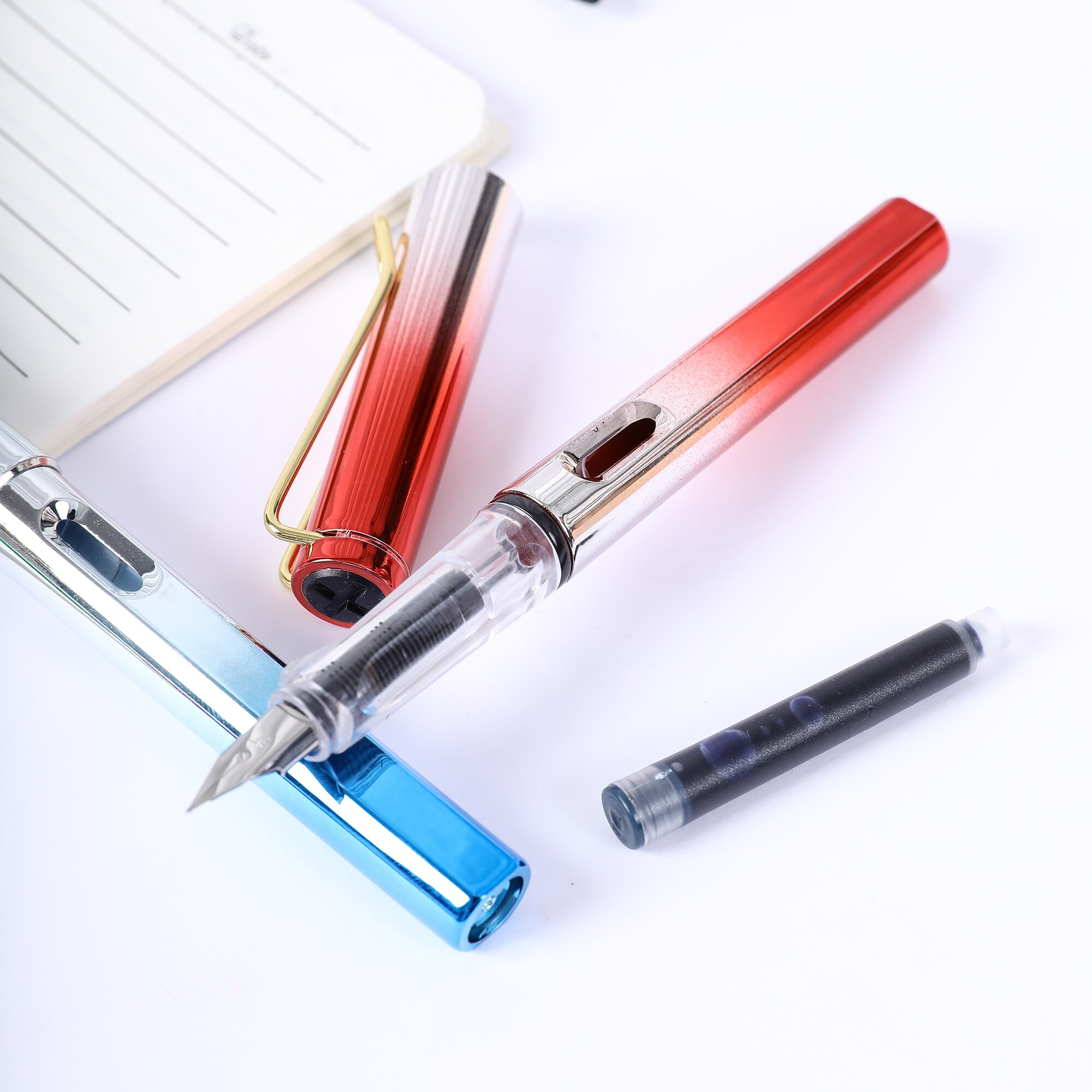 1 Pce Fountain Pen with 4 Replacable Black Ink Set EF 0.5MM Nib Writing Pens Fashion Gradient Color School Office Supplies. 