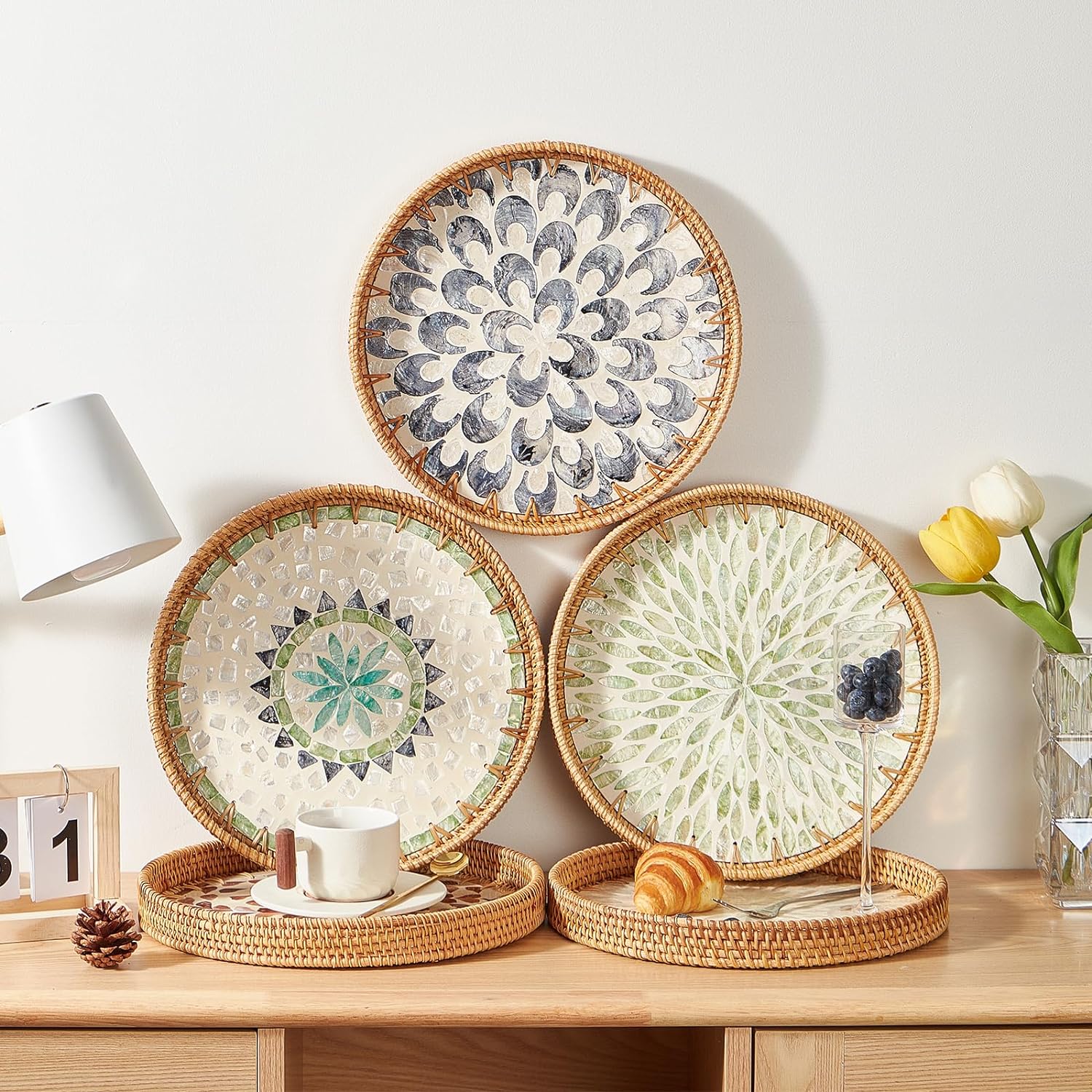 Round Rattan Tray with Mother of Pearl Inlay Rattan Serving Tray Wooden Base Storage and Display of Coffee Bread Food Fruit. 