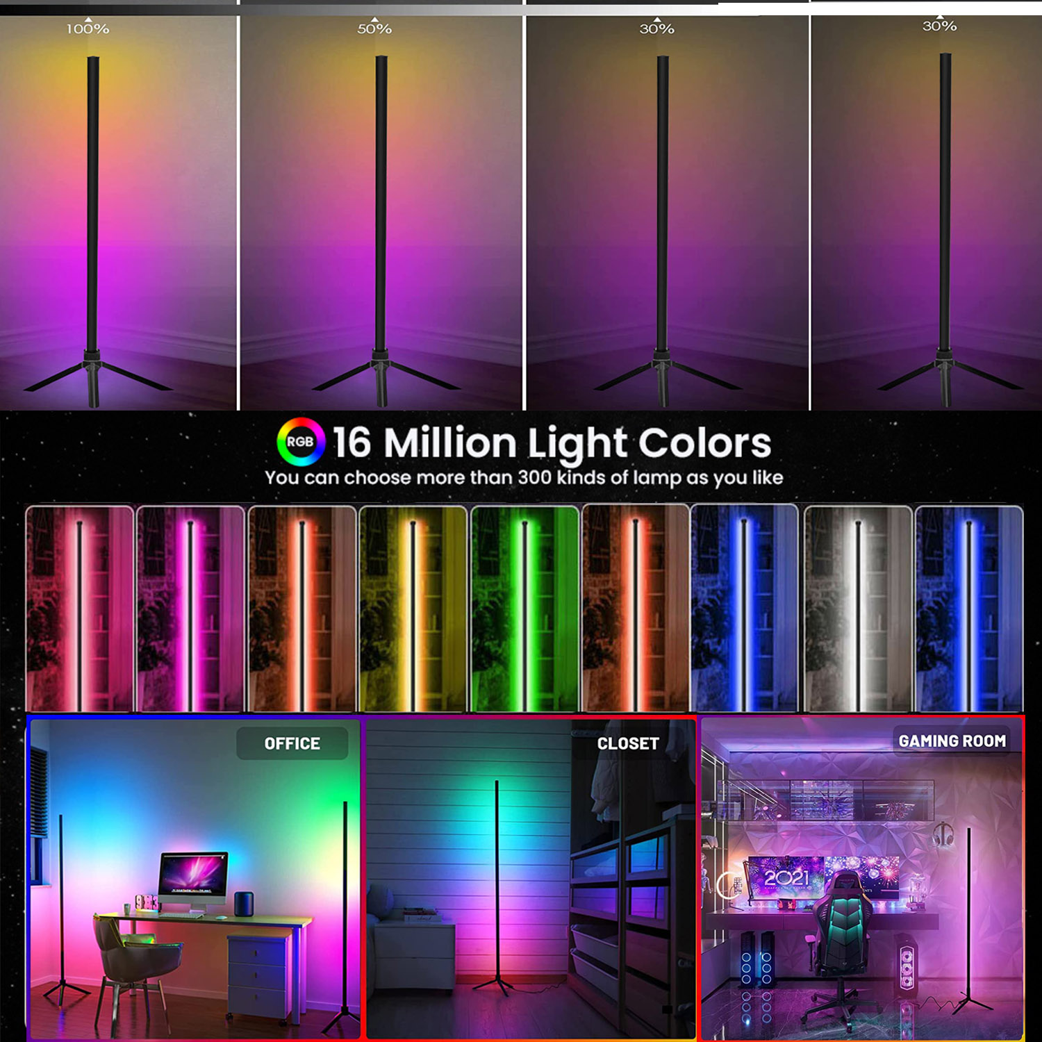47 inch RGB LED Floor Lights Bar Ambient Backlight Voice Control Synchronous Rhythm tripod tuya lamp Gaming stand Lighting 120cm. 